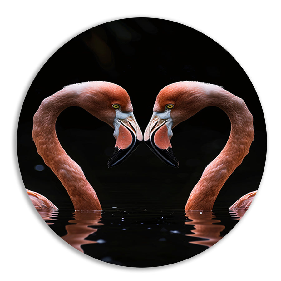 Twee flamingos vormen hart in water aluminium muurcirkel