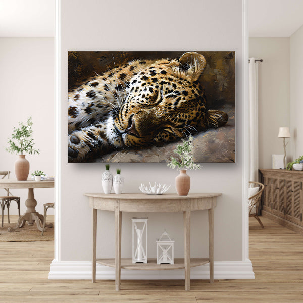Gedetailleerde schilderij van slapende luipaard canvas
