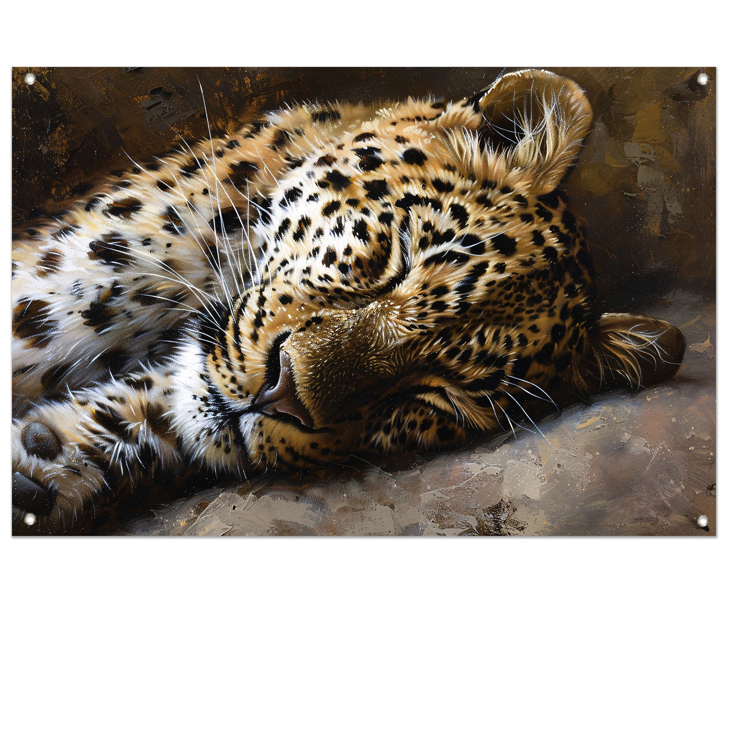 Gedetailleerde schilderij van slapende luipaard tuinposter