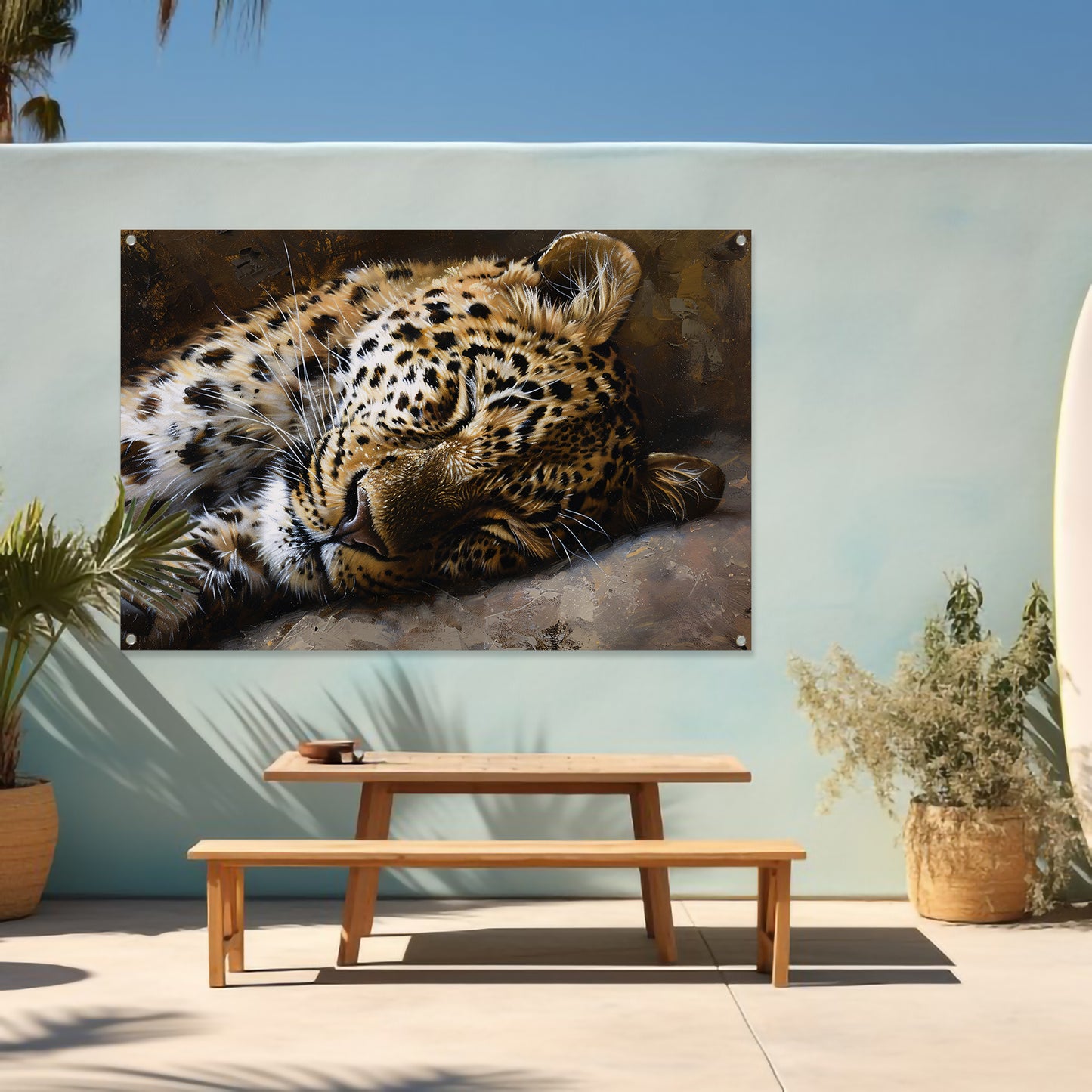 Gedetailleerde schilderij van slapende luipaard tuinposter