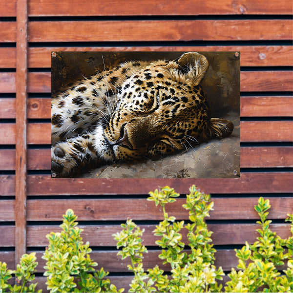 Gedetailleerde schilderij van slapende luipaard tuinposter