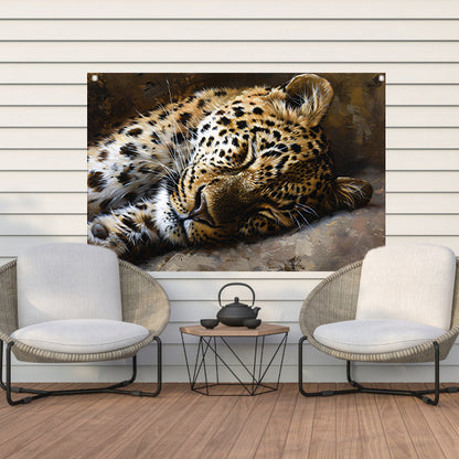 Gedetailleerde schilderij van slapende luipaard tuinposter