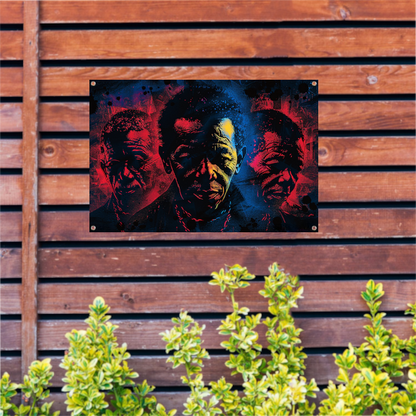 Dynamische gezichten in abstracte splatters tuinposter