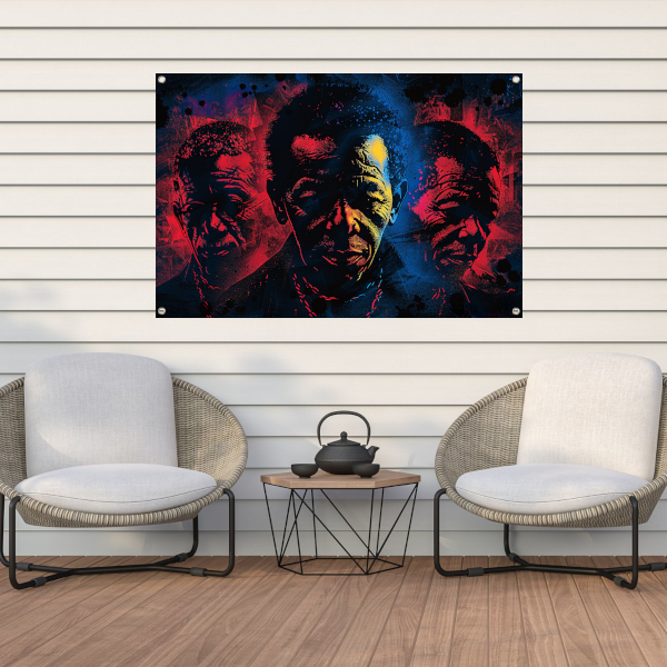 Dynamische gezichten in abstracte splatters tuinposter