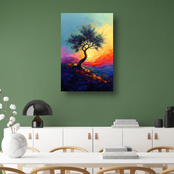 Kleurrijk boom in landschap bij zonsondergang canvas met baklijst