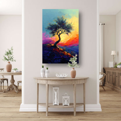 Kleurrijk boom in landschap bij zonsondergang canvas met baklijst