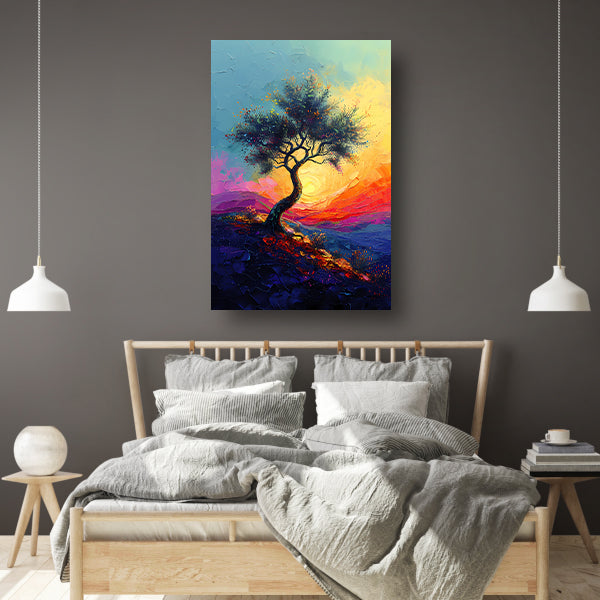 Kleurrijk boom in landschap bij zonsondergang canvas met baklijst