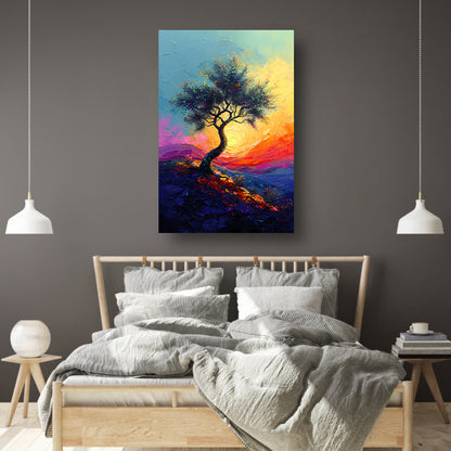 Kleurrijk boom in landschap bij zonsondergang canvas met baklijst