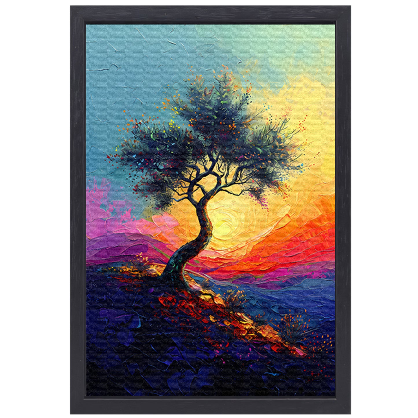 Kleurrijk boom in landschap bij zonsondergang canvas met baklijst