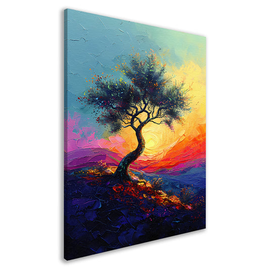 Kleurrijk boom in landschap bij zonsondergang canvas