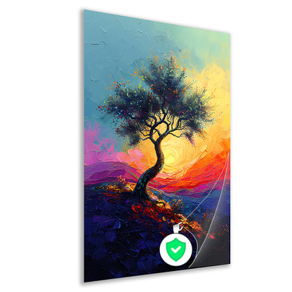 Kleurrijk boom in landschap bij zonsondergang poster