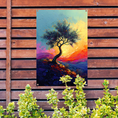 Kleurrijk boom in landschap bij zonsondergang tuinposter