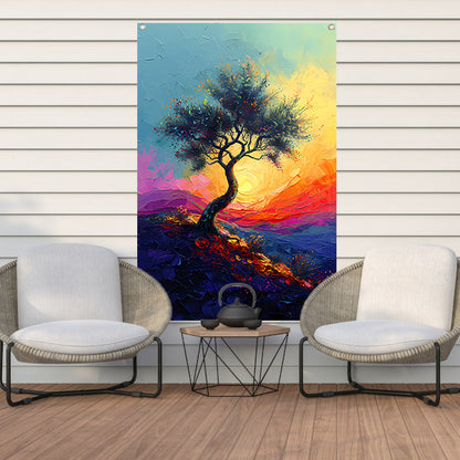 Kleurrijk boom in landschap bij zonsondergang tuinposter