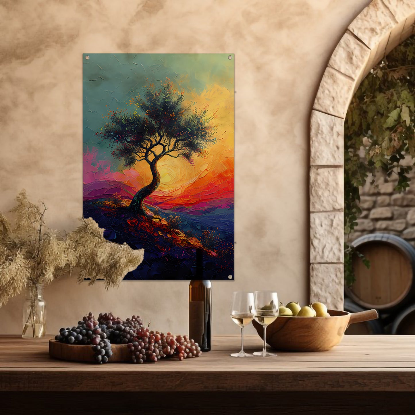 Kleurrijk boom in landschap bij zonsondergang tuinposter