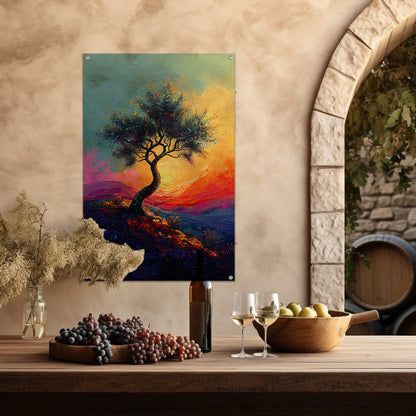 Kleurrijk boom in landschap bij zonsondergang tuinposter