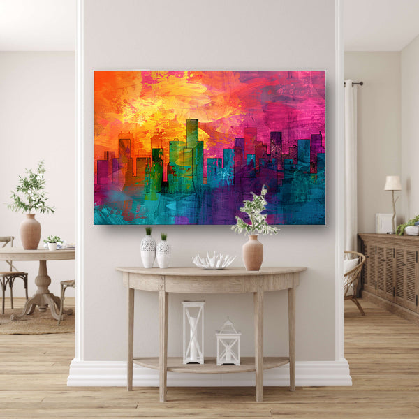 Digitale kunstwerk van kleurrijke skyline canvas met baklijst
