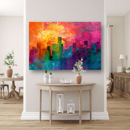 Digitale kunstwerk van kleurrijke skyline canvas met baklijst