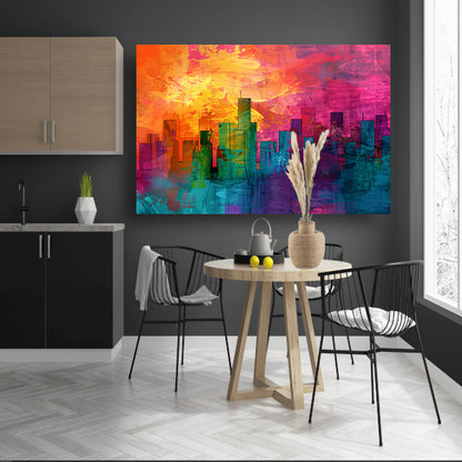 Digitale kunstwerk van kleurrijke skyline canvas met baklijst