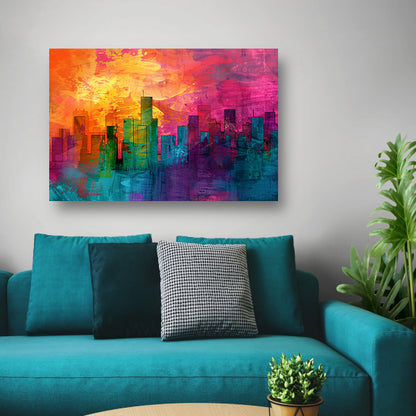Digitale kunstwerk van kleurrijke skyline canvas met baklijst