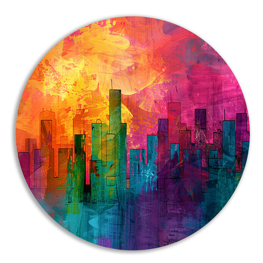 Digitale kunstwerk van kleurrijke skyline aluminium muurcirkel