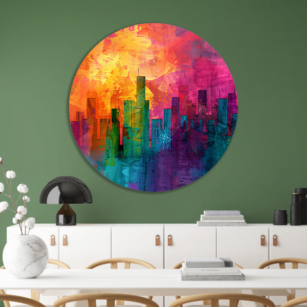 Digitale kunstwerk van kleurrijke skyline aluminium muurcirkel