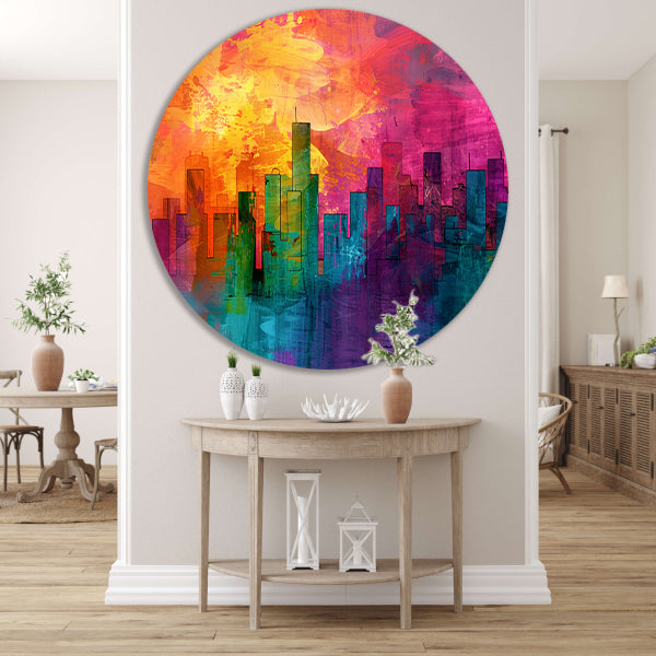 Digitale kunstwerk van kleurrijke skyline aluminium muurcirkel