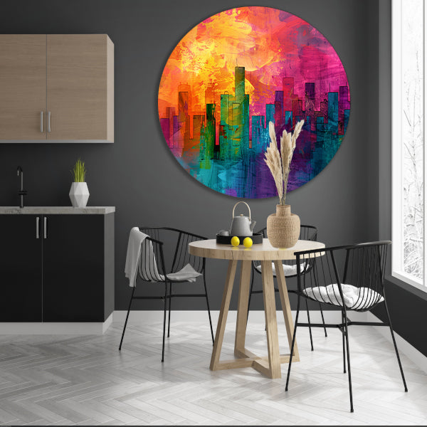 Digitale kunstwerk van kleurrijke skyline aluminium muurcirkel