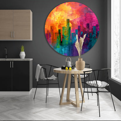 Digitale kunstwerk van kleurrijke skyline aluminium muurcirkel