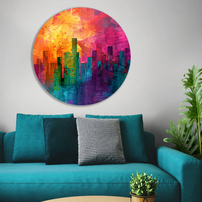 Digitale kunstwerk van kleurrijke skyline aluminium muurcirkel