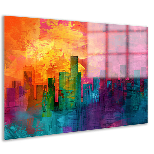 Digitale kunstwerk van kleurrijke skyline acrylglas