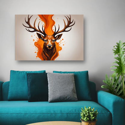 Vurige hertenkop met oranje abstractie canvas met baklijst