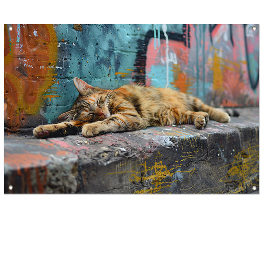 Slapende kat bij gekleurde muur tuinposter