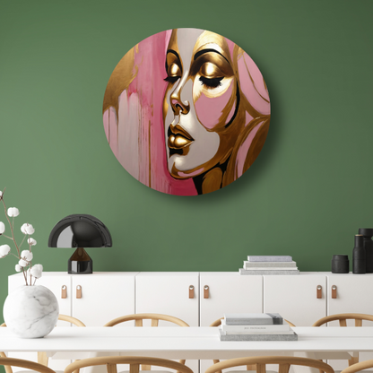 Gouden Silhouet van Vrouw op Roze Achtergrond aluminium muurcirkel