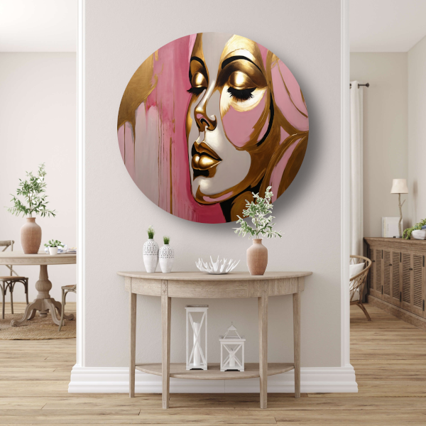 Gouden Silhouet van Vrouw op Roze Achtergrond aluminium muurcirkel