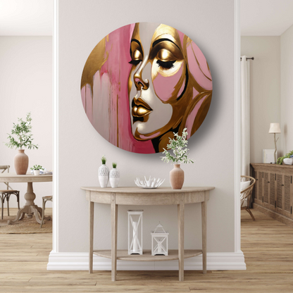 Gouden Silhouet van Vrouw op Roze Achtergrond aluminium muurcirkel