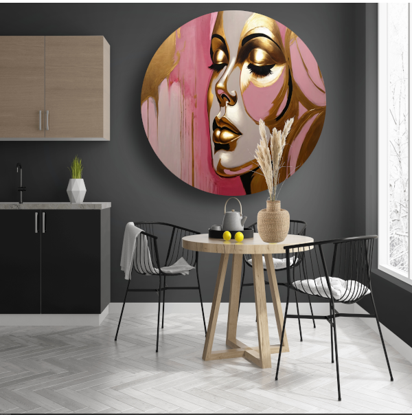 Gouden Silhouet van Vrouw op Roze Achtergrond aluminium muurcirkel