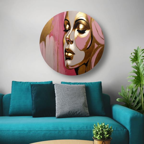 Gouden Silhouet van Vrouw op Roze Achtergrond aluminium muurcirkel