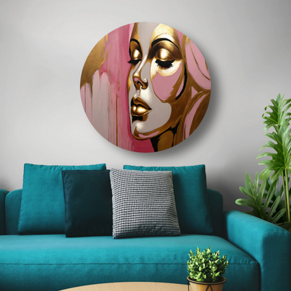 Gouden Silhouet van Vrouw op Roze Achtergrond aluminium muurcirkel