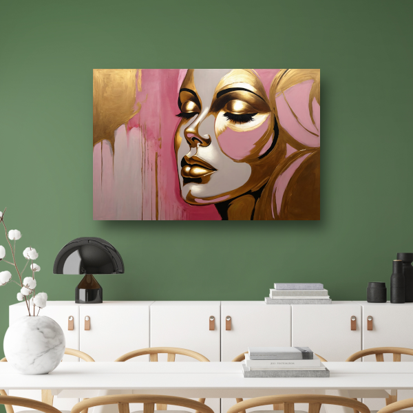 Gouden Silhouet van Vrouw op Roze Achtergrond canvas met baklijst