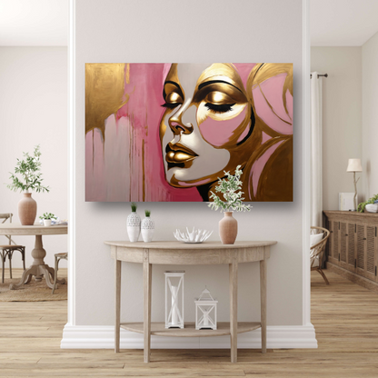 Gouden Silhouet van Vrouw op Roze Achtergrond canvas met baklijst