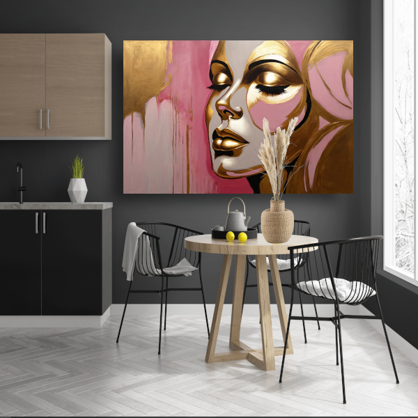 Gouden Silhouet van Vrouw op Roze Achtergrond canvas met baklijst