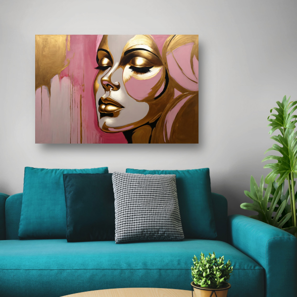 Gouden Silhouet van Vrouw op Roze Achtergrond canvas met baklijst