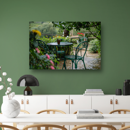 Groene tuinset in impressionistische stijl canvas met baklijst