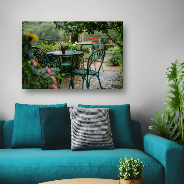 Groene tuinset in impressionistische stijl canvas met baklijst