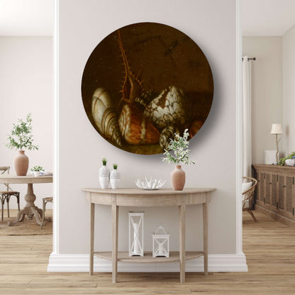 Schelpen op een tafel - Balthasar van der Ast aluminium muurcirkel