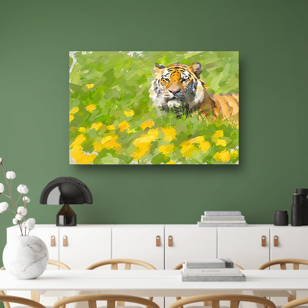 Prachtig schilderij van tijger in bloemenveld canvas