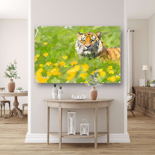 Prachtig schilderij van tijger in bloemenveld acrylglas