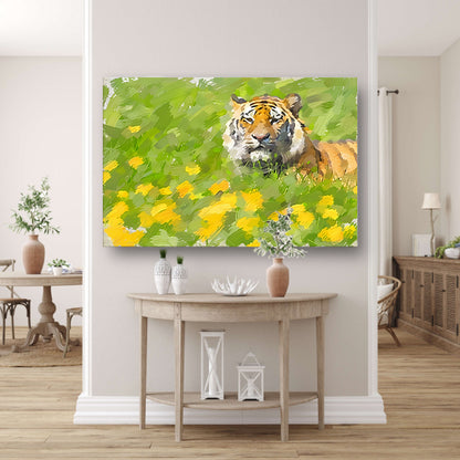 Prachtig schilderij van tijger in bloemenveld poster