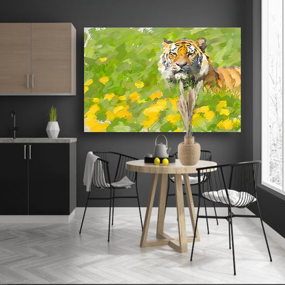 Prachtig schilderij van tijger in bloemenveld acrylglas