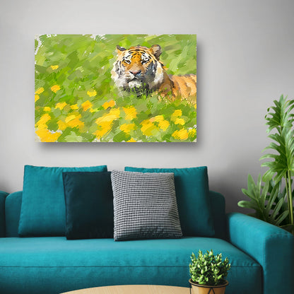 Prachtig schilderij van tijger in bloemenveld canvas met baklijst